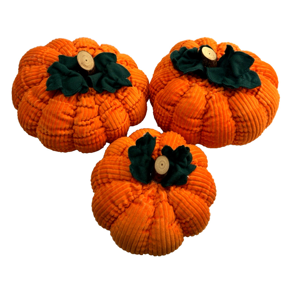 3 Orange Corduroy Pumpkin Plush Wood Stems Felt Leaves Fall Harvest Decor Jo-Ann